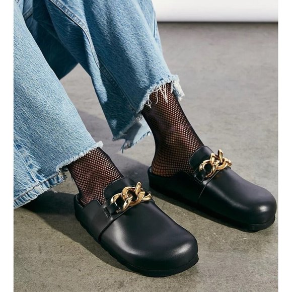 ALOHAS Shoes - Alohas Fireplace Chain Link Black Leather Clogs Mules Slide Sandals 39 / 8 - 8.5
